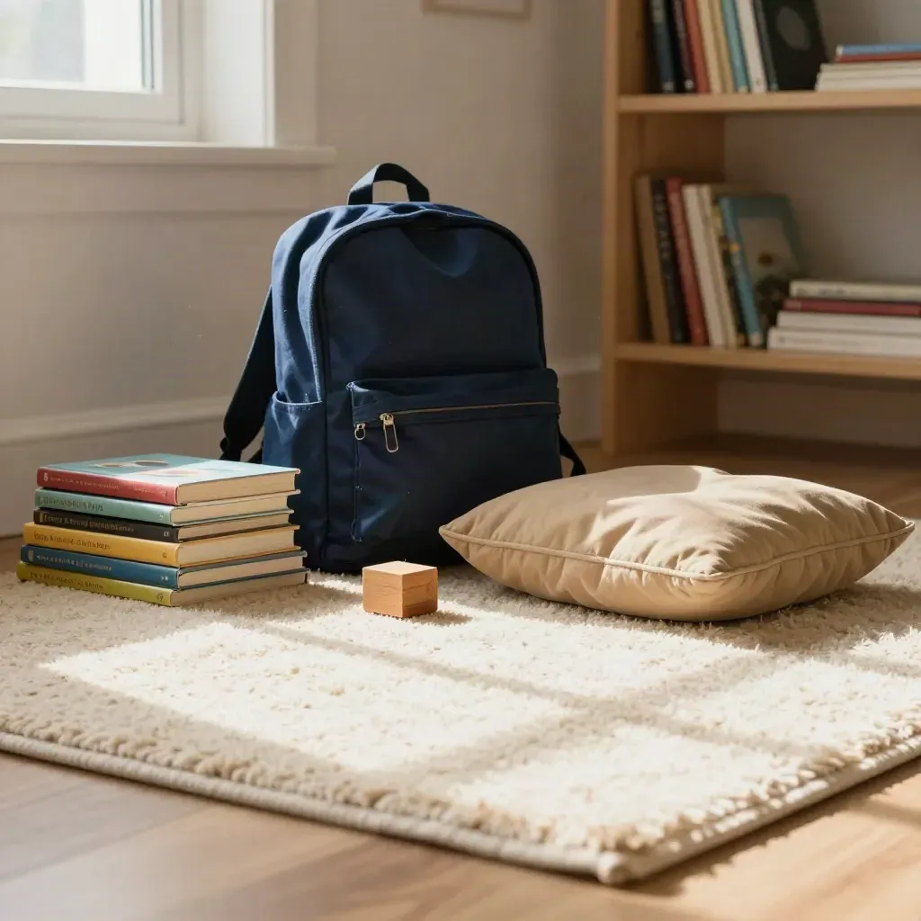 Bücher, Rucksack und Sitzkissen auf einem Teppich im warmen Leselicht.