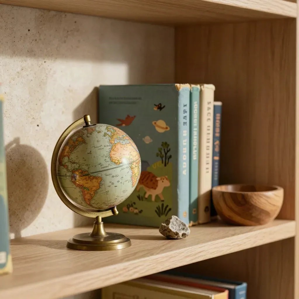Nahaufnahme eines Kinder-Sachbuchregals mit Globus, Fossil und Holzschale im warmen Licht.