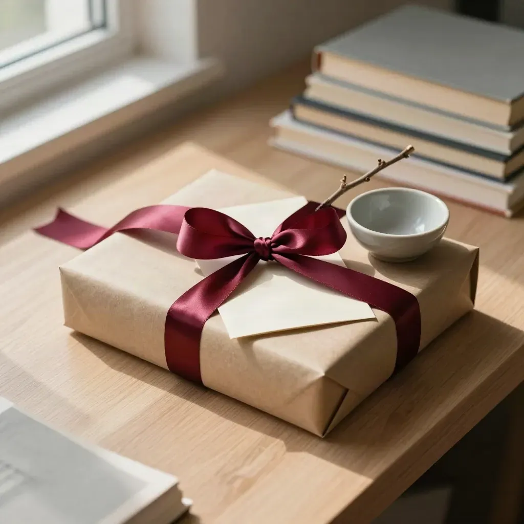Verpacktes Bücher-Geschenk mit Schleife, Karte, Schale und Zweig auf hellem Holz.