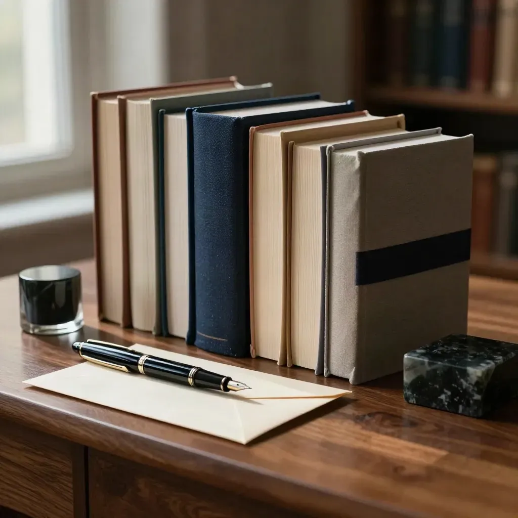 Dunkle Autorenbücher, Füller, Umschlag und Papiergewicht auf einem schmalen Schreibtisch.