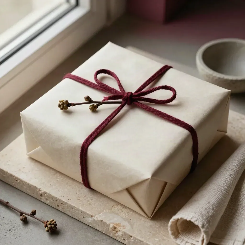 Geschenkverpacktes Buch mit burgunderroter Schnur, Zweig und Steinschale auf hellem Steintray.