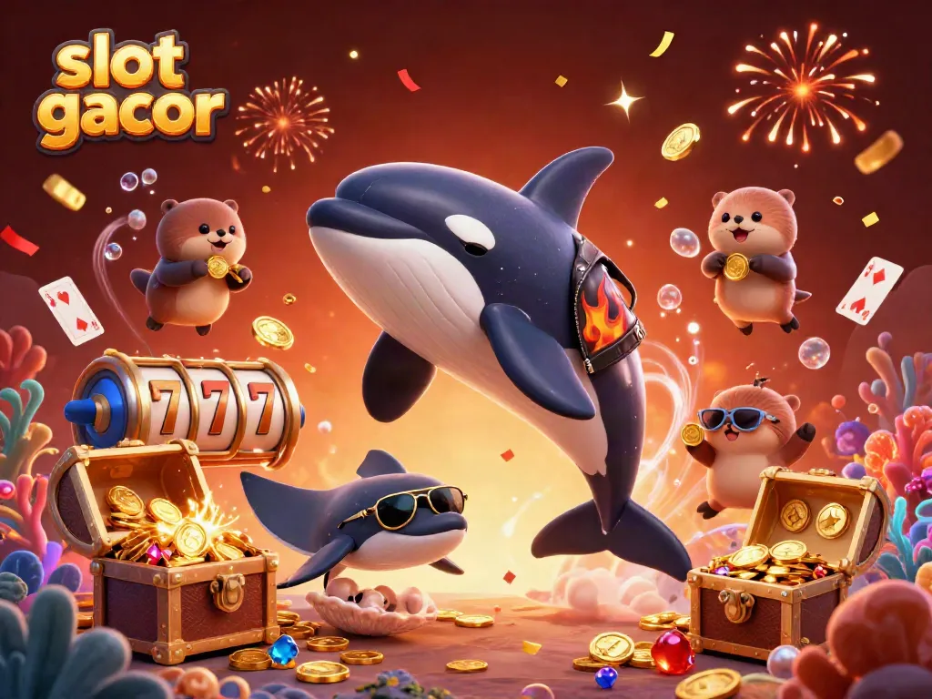 Experience the excitement of slot gacor with a vibrant underwater casino scene featuring a jumping orca, a cool stingray, and otters with coins.