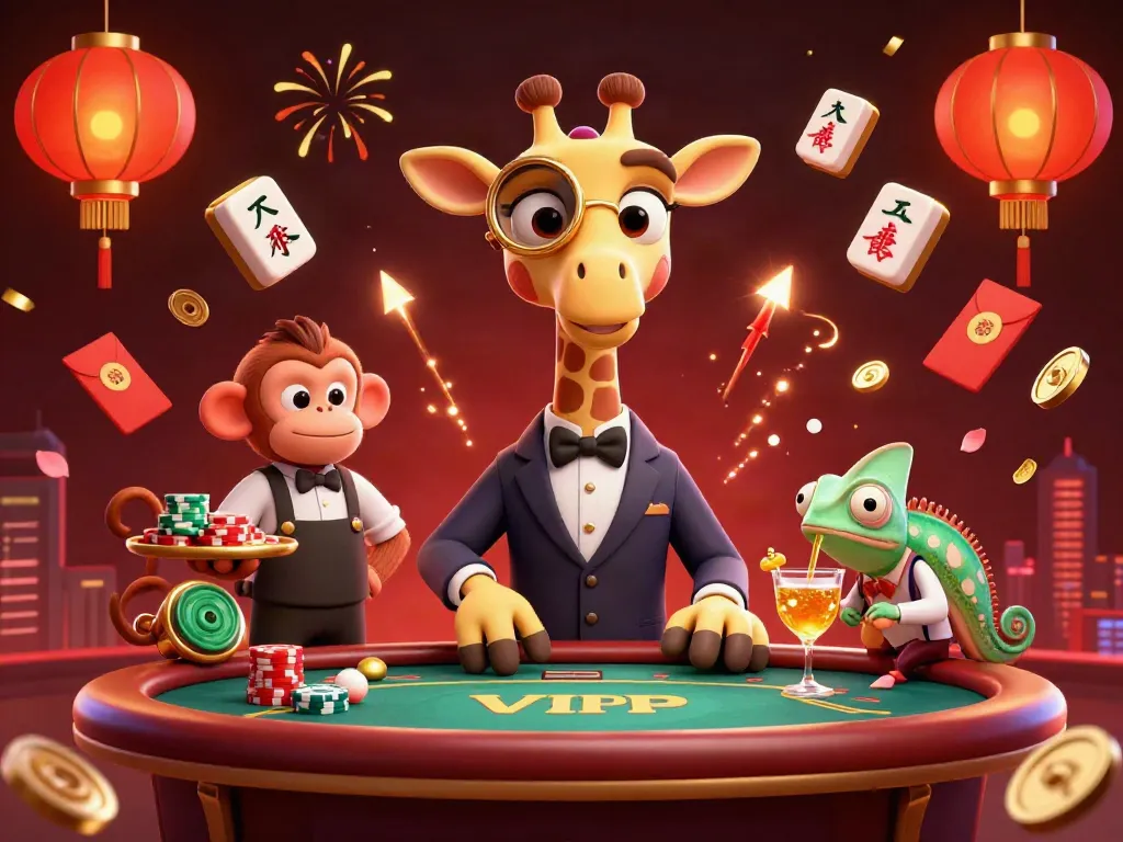 Experience thrilling gaming at Vin88 with high-roller giraffe, monkey valet, and chameleon bartender.