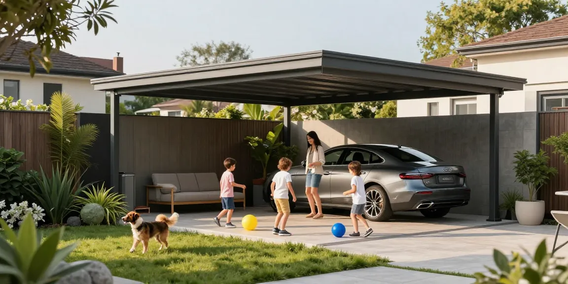 Carport in moderner Bauweise, der ein Familientreffen im Garten schützt.