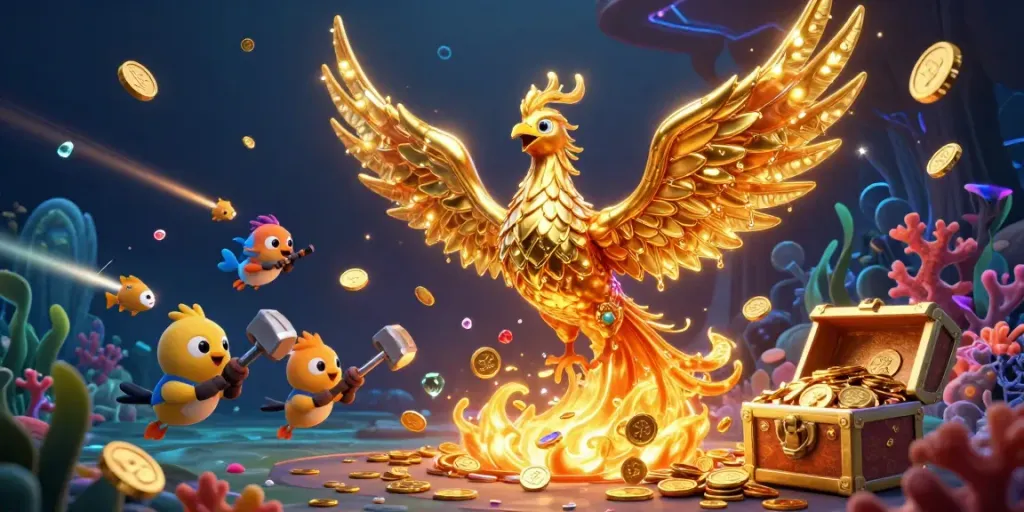 Engage in thrilling Bắn cá Long Vương gameplay with a scene of a molten phoenix surrounded by treasure.