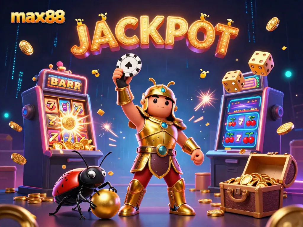 Experience excitement and jackpots with max88 in this captivating 3D casino illustration, featuring dynamic gaming elements.