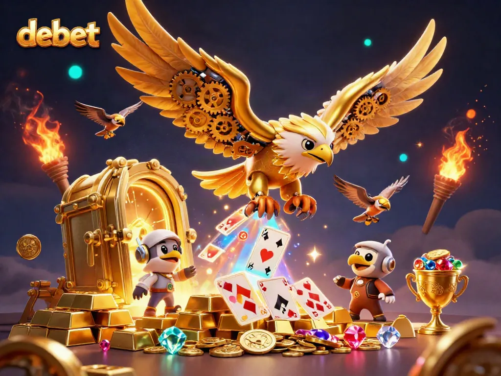 Experience thrilling gaming with debet's vibrant 3D casino scene featuring golden treasures and dynamic action.