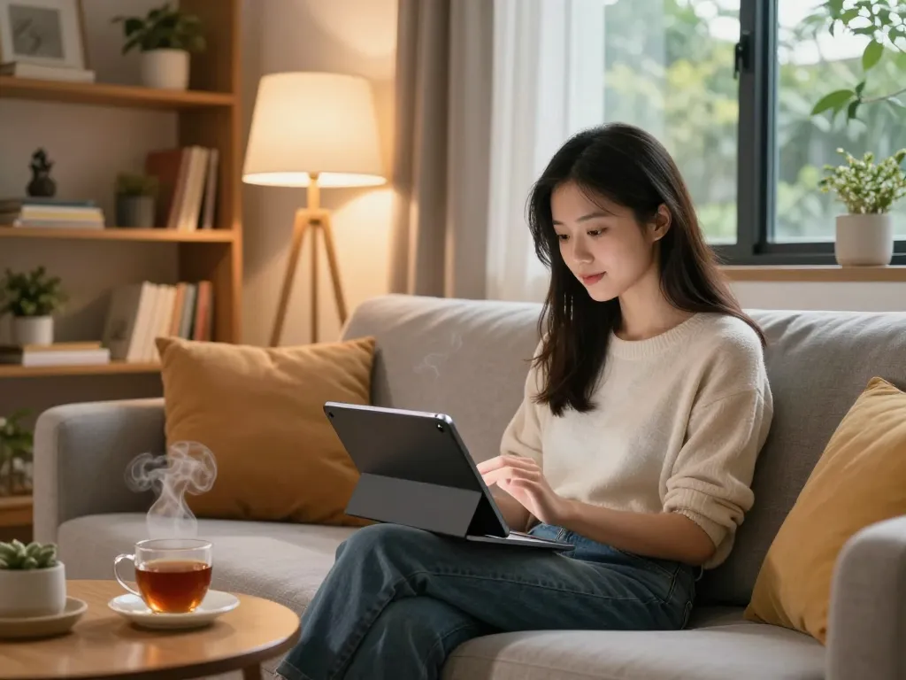 Young woman enjoying a conversation with her girlfriend AI on a tablet in a cozy living room.
