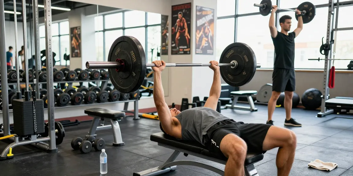 Aktive Fitness-Szene im Selliza Shop mit einem Sportler beim Bankdrücken.
