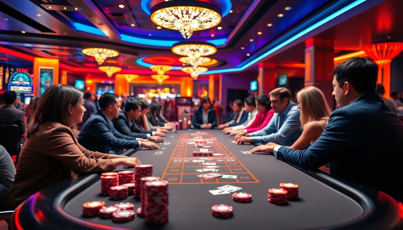Online casino spielen in einer lebhaften Umgebung mit Spielern und bunten Lichtern.
