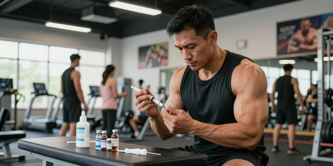 Anabolika Shop: Fitnessszene mit Mann, der Anabolika injiziert, in modernem Gym.