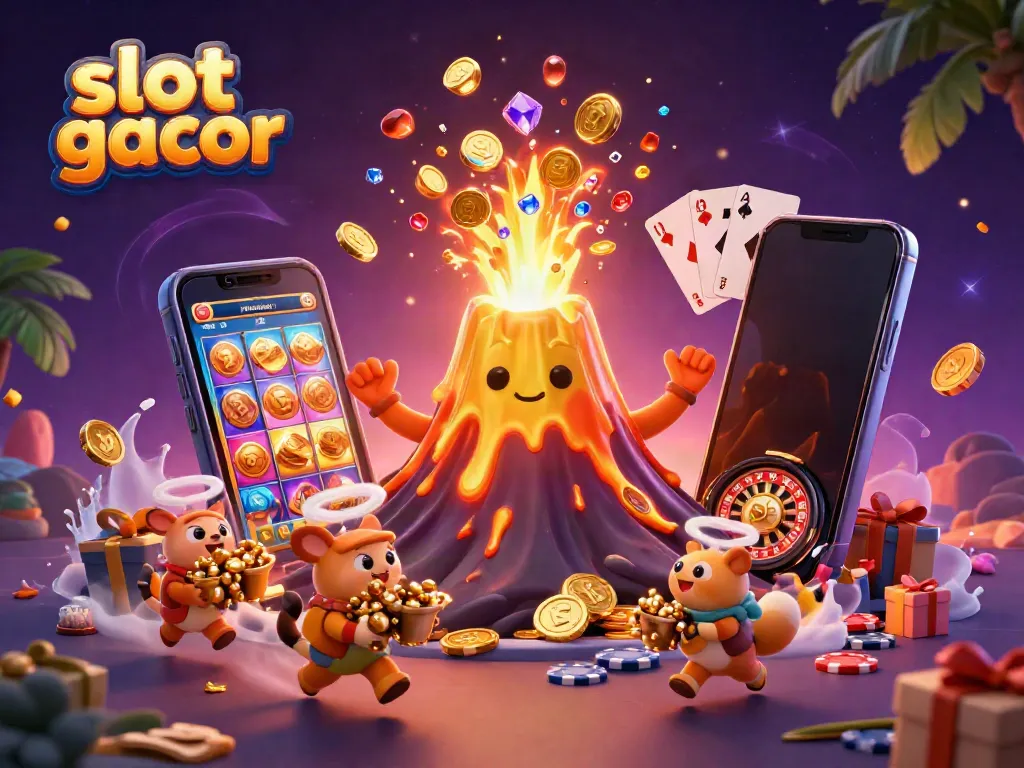 Experience the thrill of slot gacor with a dynamic illustration featuring treasure, coins, and vibrant casino elements.