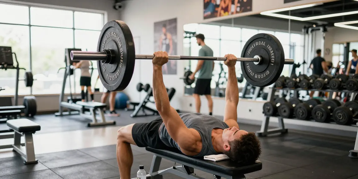 Anabolika kaufen: Athlet beim Bankdrücken im modernen Fitnessstudio mit Gewichten.