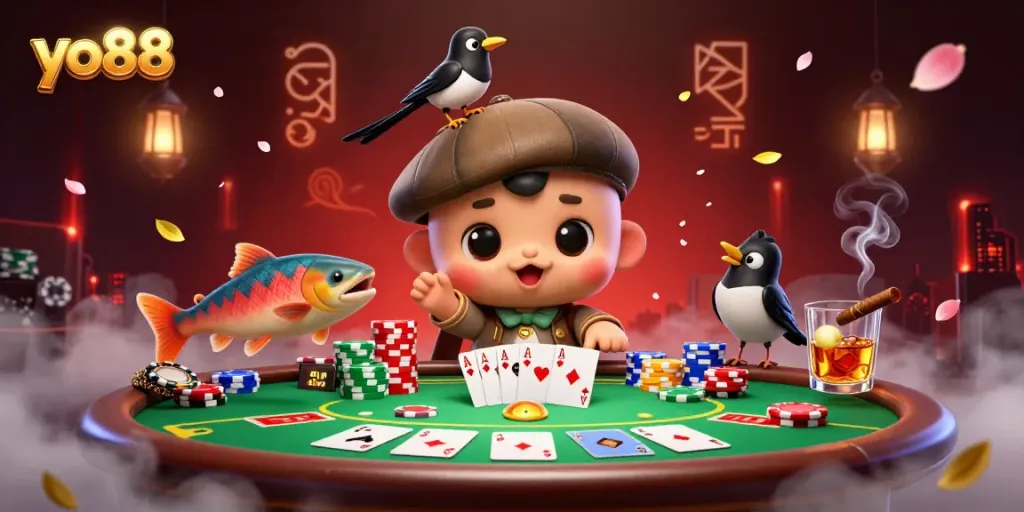 Players enjoy a thrilling poker night at the lively yo88 casino with cute characters and vibrant elements.