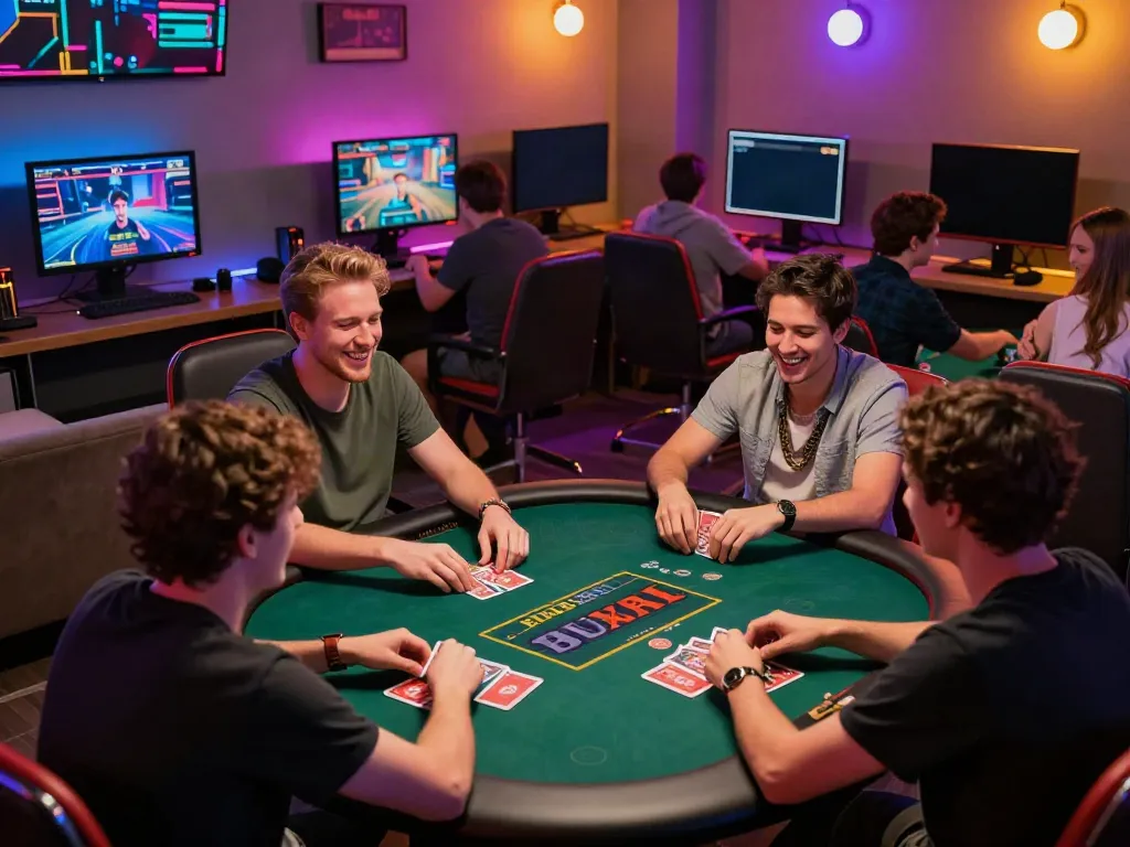 Exciting game bài IWIN atmosphere with players enjoying card games in a vibrant lounge.