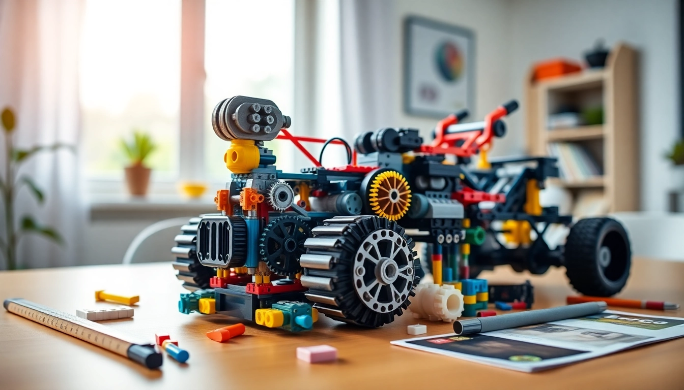 Lego Technic Baukasten auf einem Holzschreibtisch mit kreativem Aufbau.