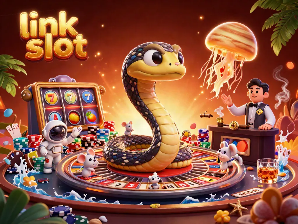 Experience thrilling wins at link slot with a dynamic 3D casino scene featuring vibrant elements.