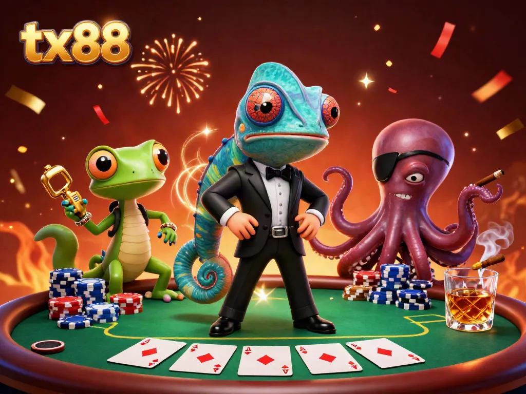 Experience thrills with tx88, a vivid 3D illustration of gambling excitement with poker elements.