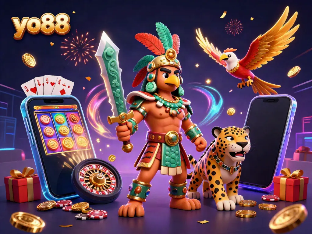 Play slots and win on yo88 with an Aztec warrior and jackal companion in a vibrant, celebratory scene.