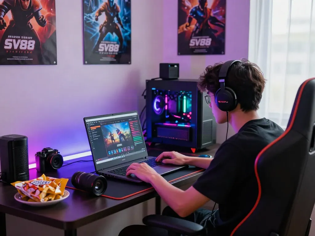 Engaging SV88 online gaming scene with a player focused on gameplay amidst vibrant LED lights.