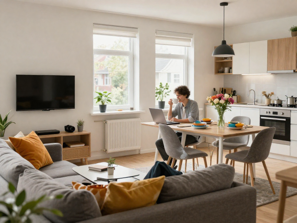 Moderne Monteurwohnung in Hannover mit einladender Wohnatmosphäre und voll ausgestatteter Küche.