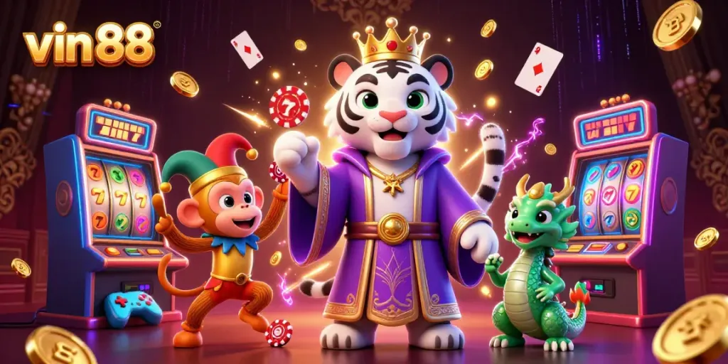 Experience thrilling gameplay with vin 88 as a cartoon white tiger, monkey, and dragon bring slots alive in vibrant colors.