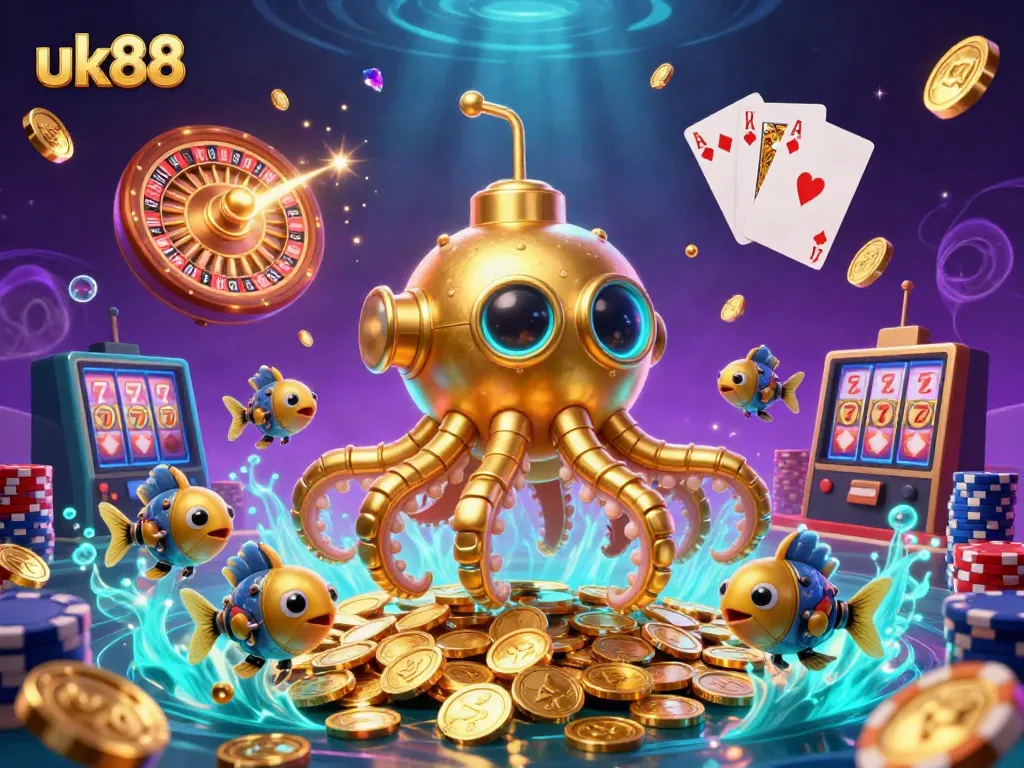 Engage in thrilling gameplay with uk88, where a golden kraken submarine emerges through coins and is surrounded by casino elements.