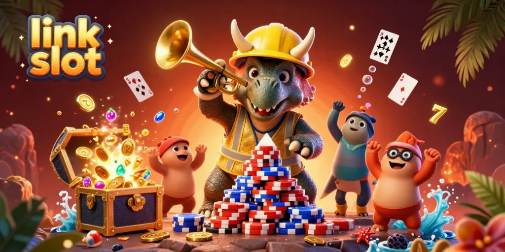 Experience the excitement of link slot casinos with vibrant 3D characters building a poker chip pyramid.