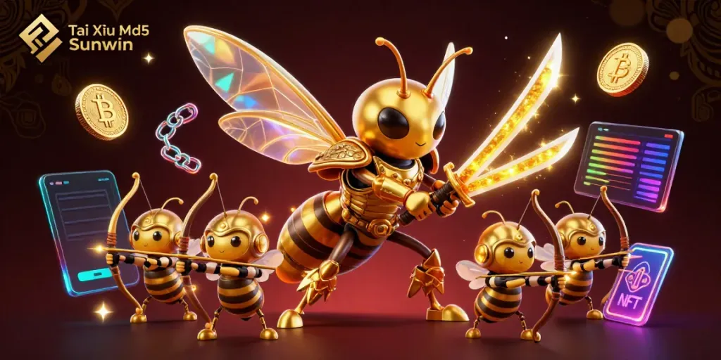 Engage in Tài Xỉu Md5 Sunwin with a vibrant 3D illustration showcasing a golden samurai hornet amidst dynamic gaming elements.