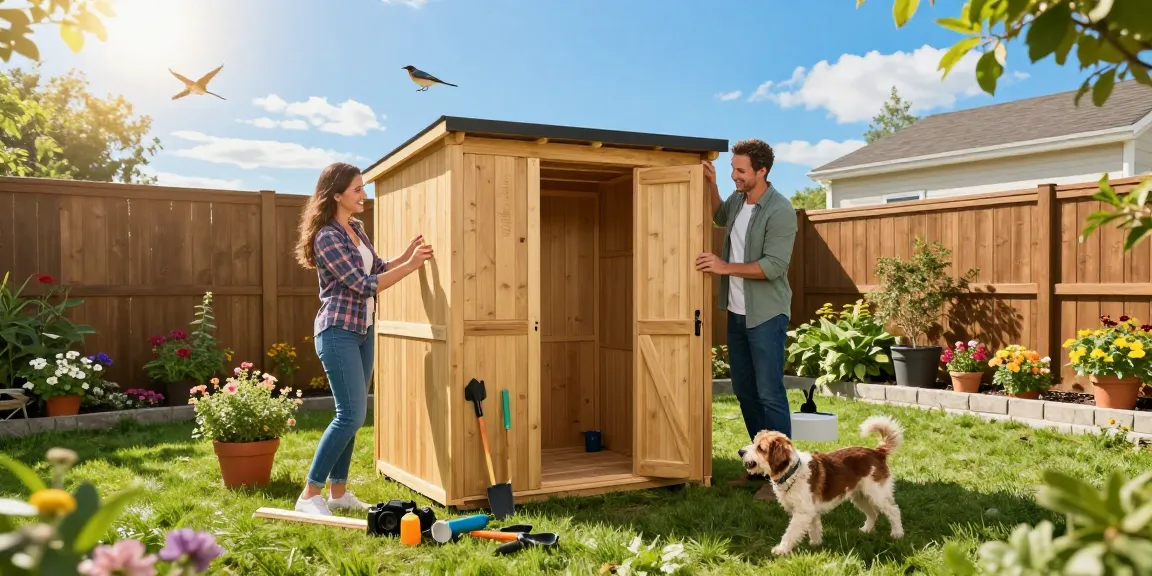 Gartenhaus kaufen: Glückliches Paar montiert ein Holz-Gartenhaus im sonnigen Garten, umgeben von Pflanzen und Werkzeugen.