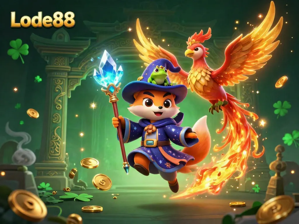 Experience the magic of Lode88 with a mystical wizard fox and phoenix in a dynamic casino scene.