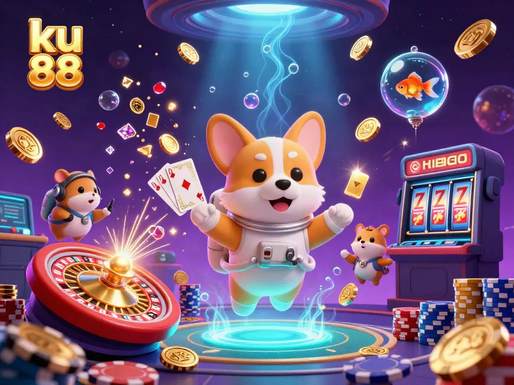 Experience thrill at ku 88 with floating 3D casino adventure featuring cartoon characters, slots, and chips.