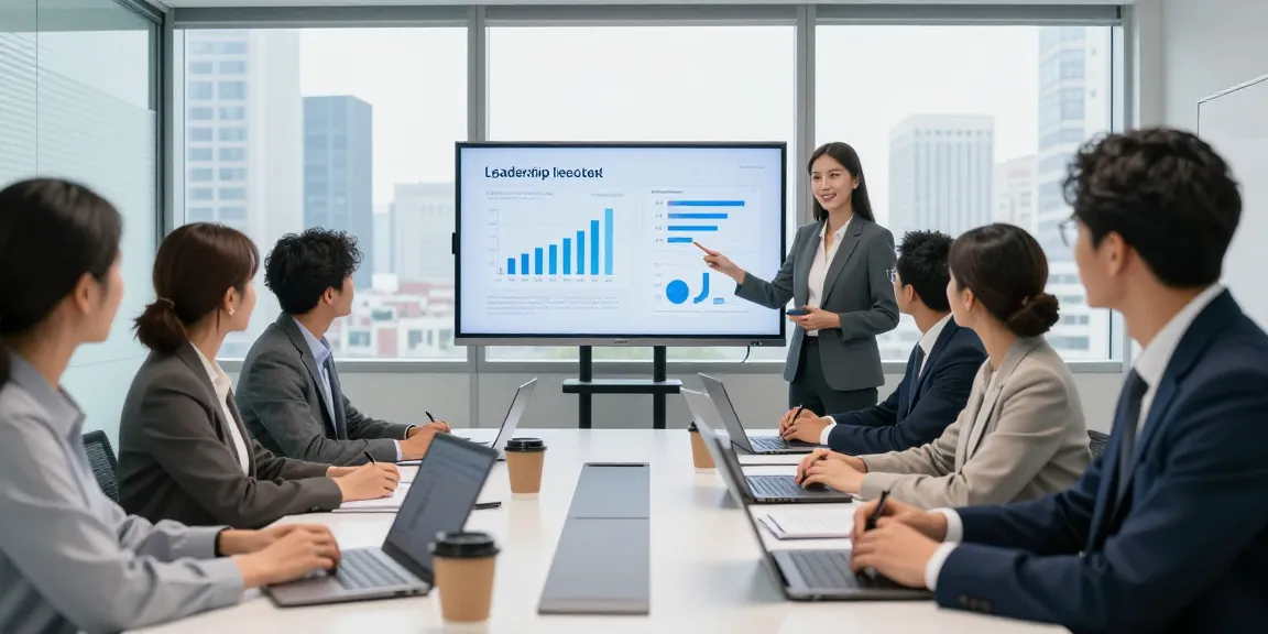 Bewertungsplattform Führung: Team im Konferenzraum analysiert Führungskompetenzen und Feedback mit digitalen Tools.