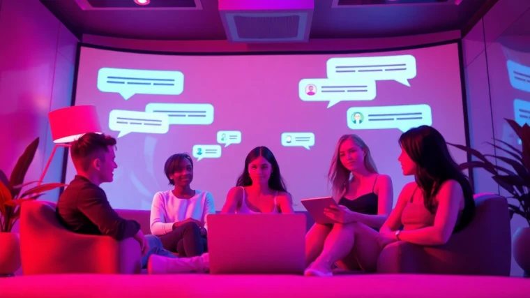 Engaging digital chat room for sex chat showcasing diverse avatars and cozy ambiance.