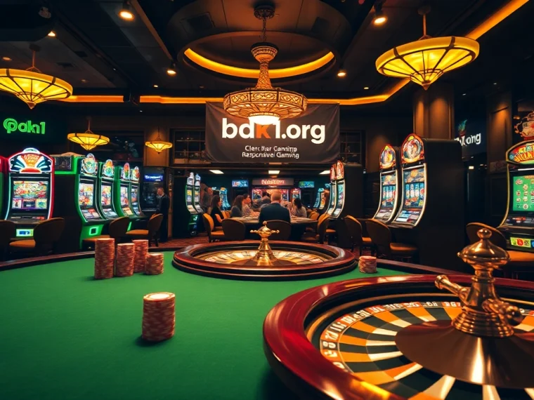 Engage with bdtk1 org at a shimmering casino with vibrant slot machines and poker tables.