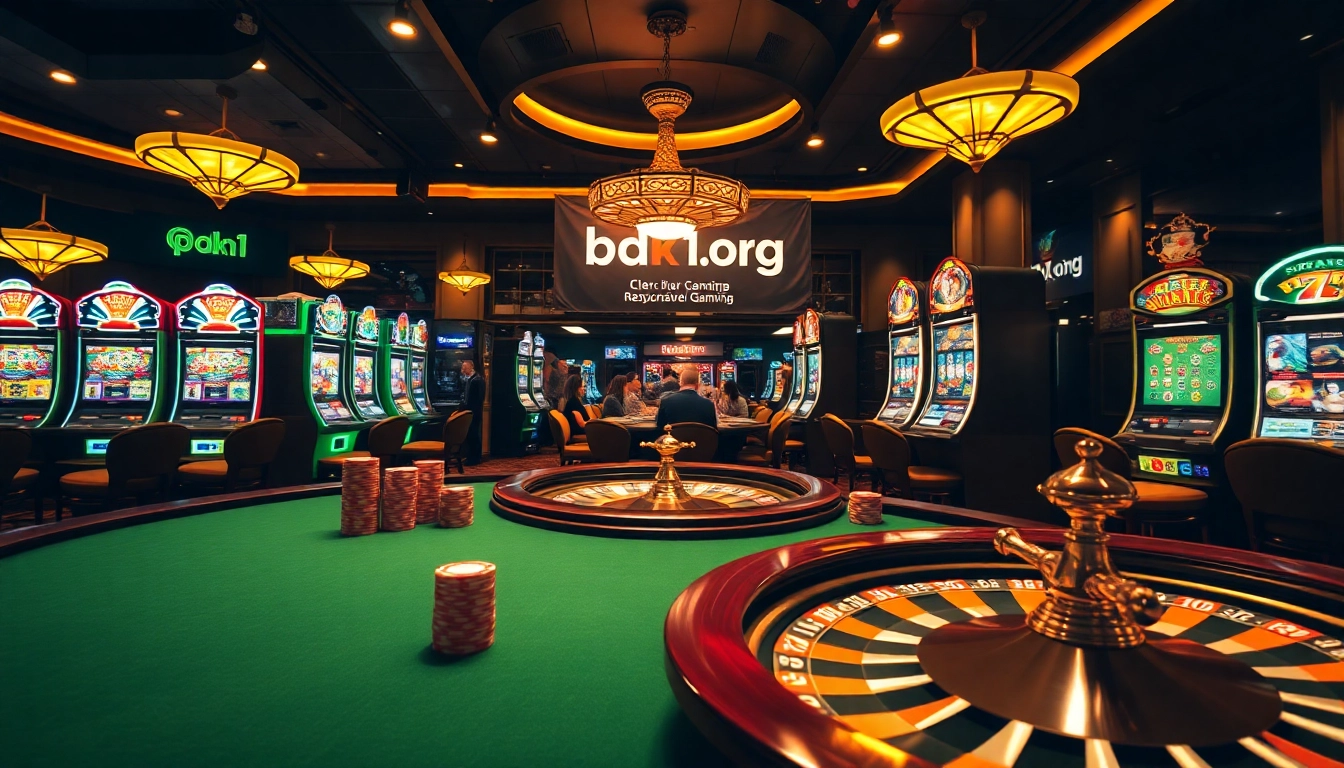 Engage with bdtk1 org at a shimmering casino with vibrant slot machines and poker tables.