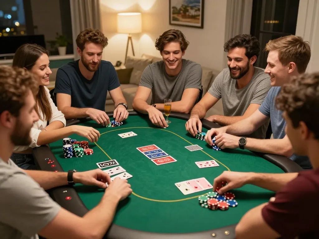 Friends enjoying an exciting night of poker at home with PHPVIP, chips and cards featured prominently