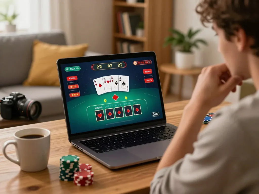 Engaging in a strategic blackjack game at home with CM88 on laptop, showcasing thrilling moments and cozy atmosphere