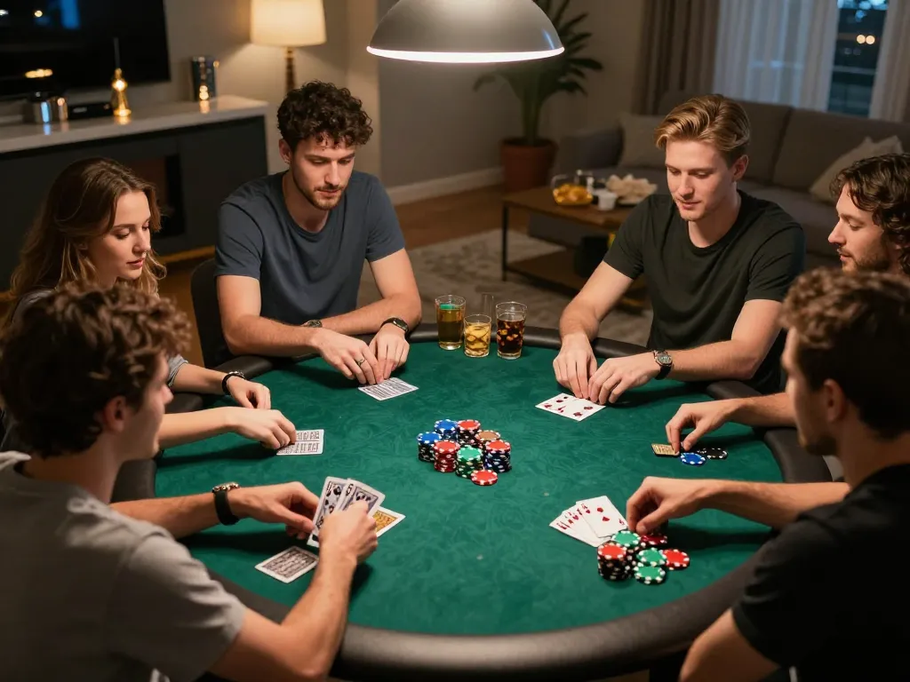 Fesselnde Pokerszene, die Immobilienmakler Frankfurt Sachsenhausen zeigt, wie Freunde Karten spielen und Snacks genießen.
