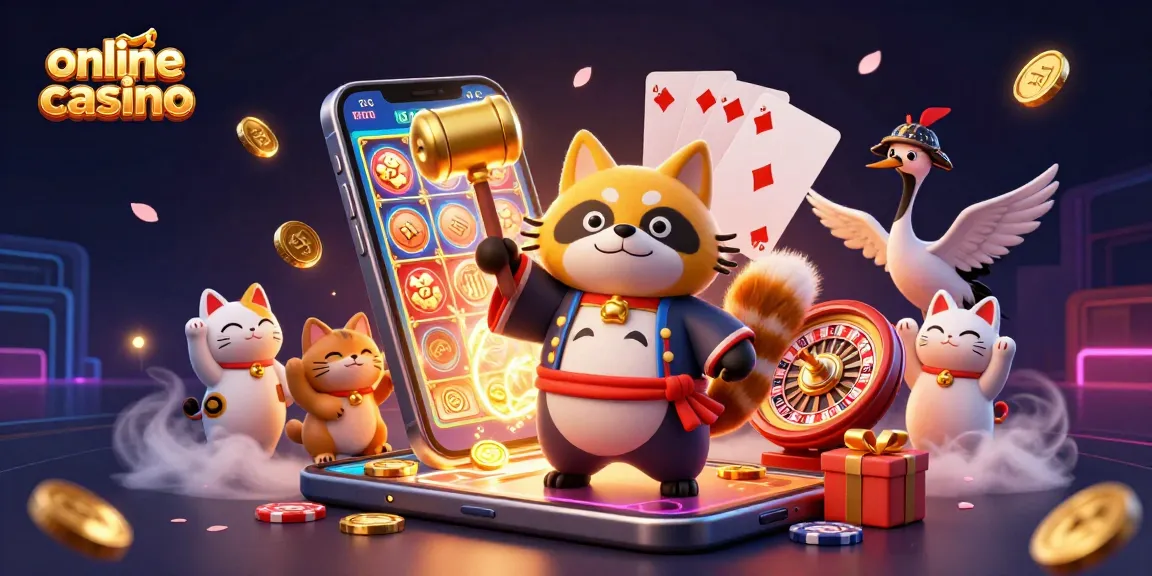 Play engaging online casino games with colorful slot reels and cheerful characters in a vibrant scene.