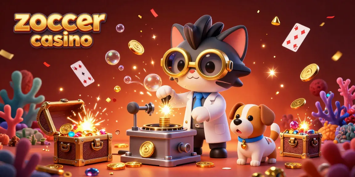 Zoccer casino features an exciting 3D scene with vibrant characters and gold coins, perfect for gaming enthusiasts.