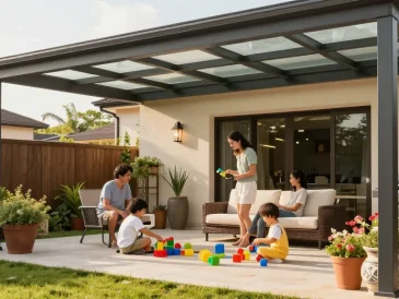 Gemütliche Terrasse mit Terrassenüberdachungen, Familie genießt sonnigen Tag im Freien.