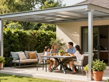 Elegante Terrassenüberdachung schützt die Familie beim Entspannen im Freien.