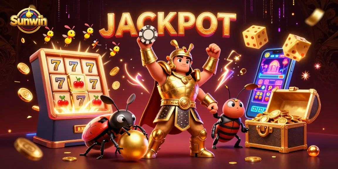 Sunwin welcomes players with a dynamic scene featuring a victorious beetle surrounded by casino elements.