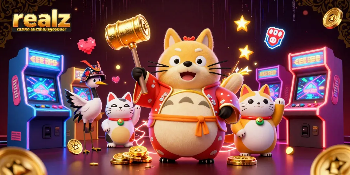 Animation der realz casino auszahlungsdauer mit glücklichen Charakteren und leuchtenden Spielelementen.